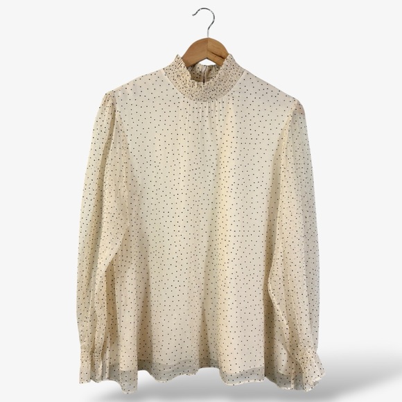 Sundance Silk Polka Dot Blouse Size L Cream Black Sheer Sleeve High Neck - Picture 1 of 9